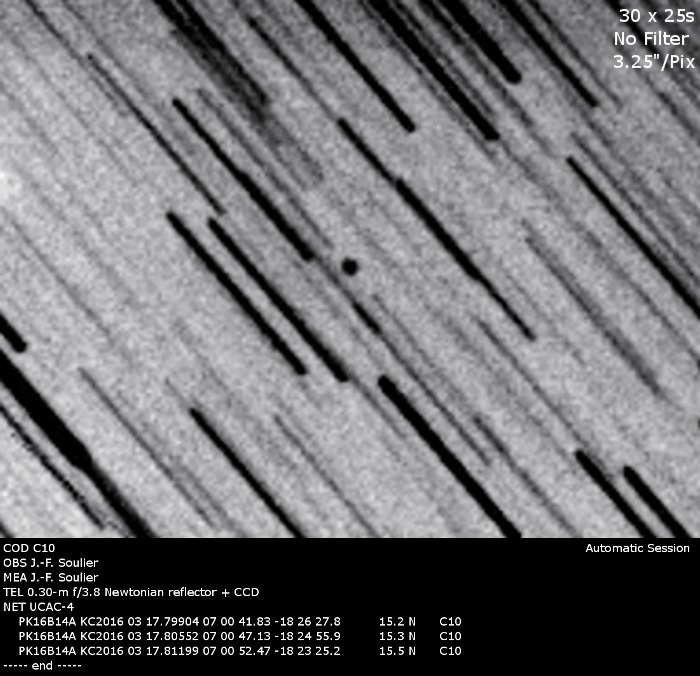 Comet P/2016 BA14 (PanSTARRS) (Courtesy of Jean Francois Soulier, France, 17 March 2016).